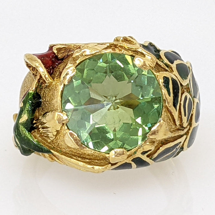 18K GREEN TOURMALINE 10MM WITH ENAMEL LEAF/ BIRD ESTATE RING 15.5 GRAMS