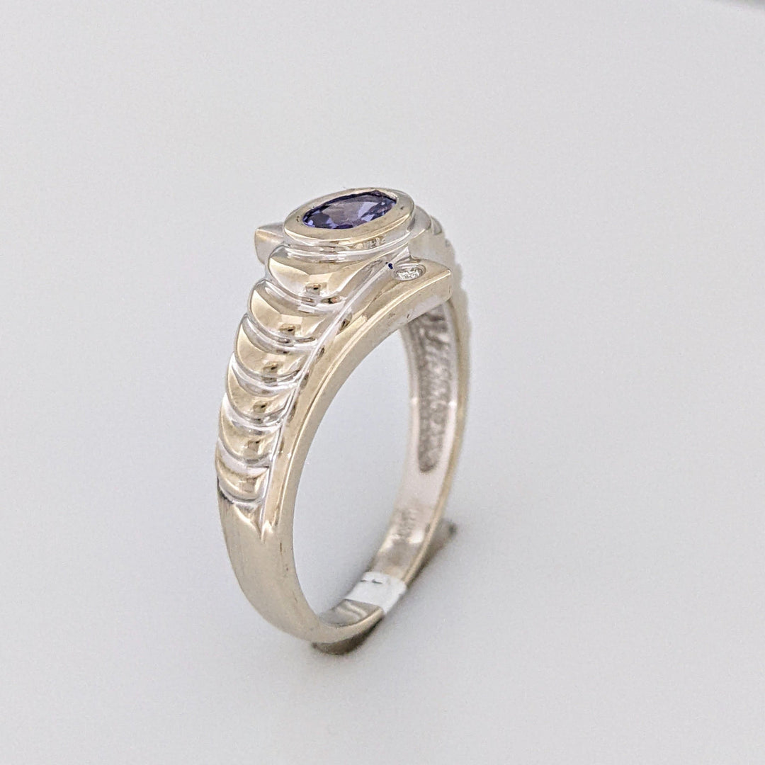 14K WHITE TANZANITE OVAL 4X6 WITH (2) MELEE RIBBED ESTATE RING 3.3 GRAMS