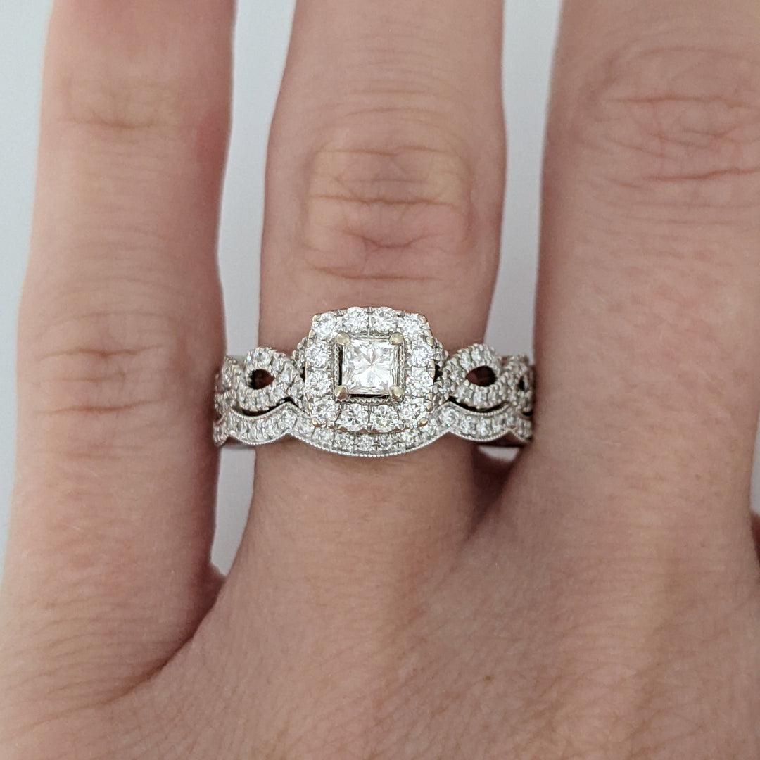 14K WHITE .85CTW SI2 I DIAMOND PRINCESSS CUT (1) ROUND (109) ESTATE RING/ BAND SET 7.5 GRAMS