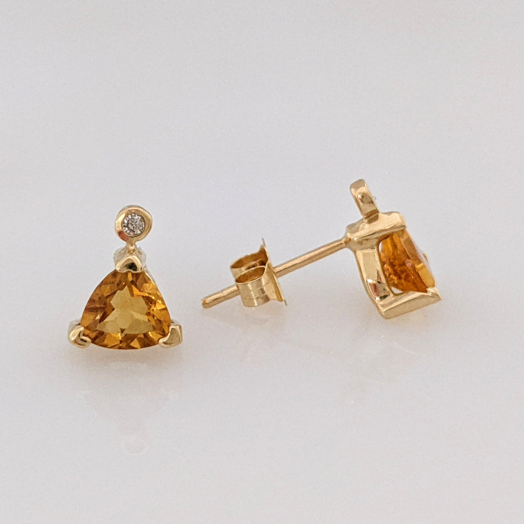 14K CITRINE TRILLION 5MM WITH (5) DIAMOND ESTATE RING/ EARRING/ PENDANT SET 4.9 GRAMS