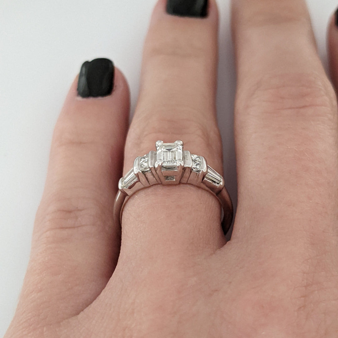 14K WHITE .71 CARAT TOTAL WEIGHT SI1 J DIAMOND EMERALD CUT (1) PRINCESS CUT (4) BAGUETTE (4) ESTATE RING 2.8 GRAMS