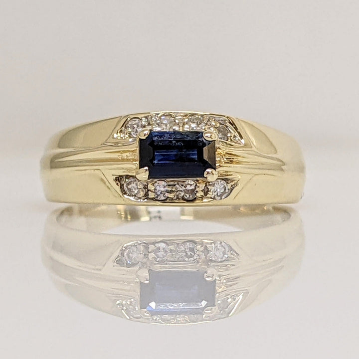 14K SAPPHIRE "C" EMERALD CUT 3X5 WITH (8) MELEE ESTATE RING 2.8 GRAMS