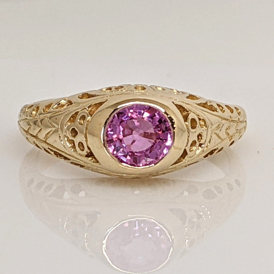 14K PINK SAPPHIRE ROUND 5MM BEZEL SET ANTIQUE ESTATE RING 3.0 GRAMS