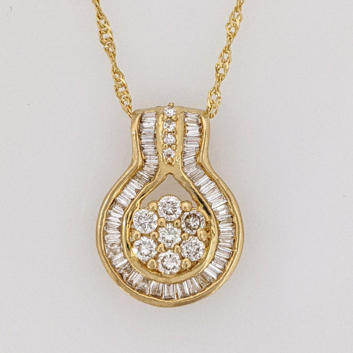 18K .66CTW SI2 I DIAMOND ROUND/BAGUETTE (51) ESTATE PENDANT & 14K CHAIN 2.9 GRAMS