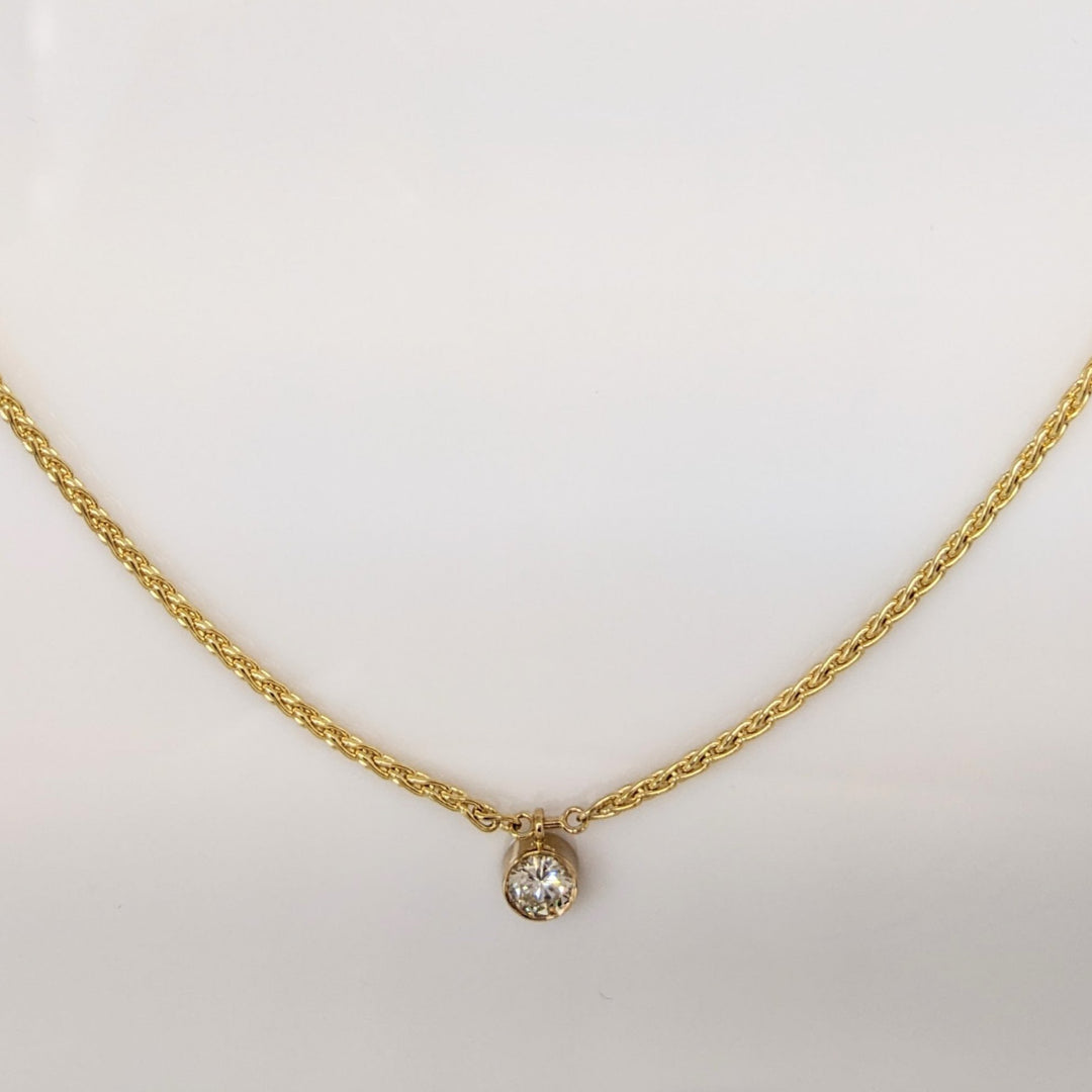 14K .95CT SI2 J DIAMOND ROUND BEZEL ESTATE PENDANT & CHAIN 13.4 GRAMS