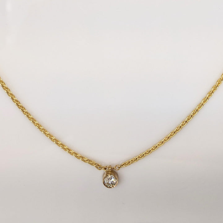 14K .95CT SI2 J DIAMOND ROUND BEZEL ESTATE PENDANT & CHAIN 13.4 GRAMS