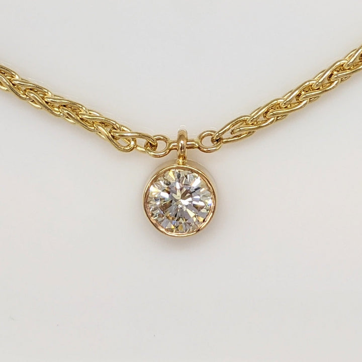 14K .95CT SI2 J DIAMOND ROUND BEZEL ESTATE PENDANT & CHAIN 13.4 GRAMS