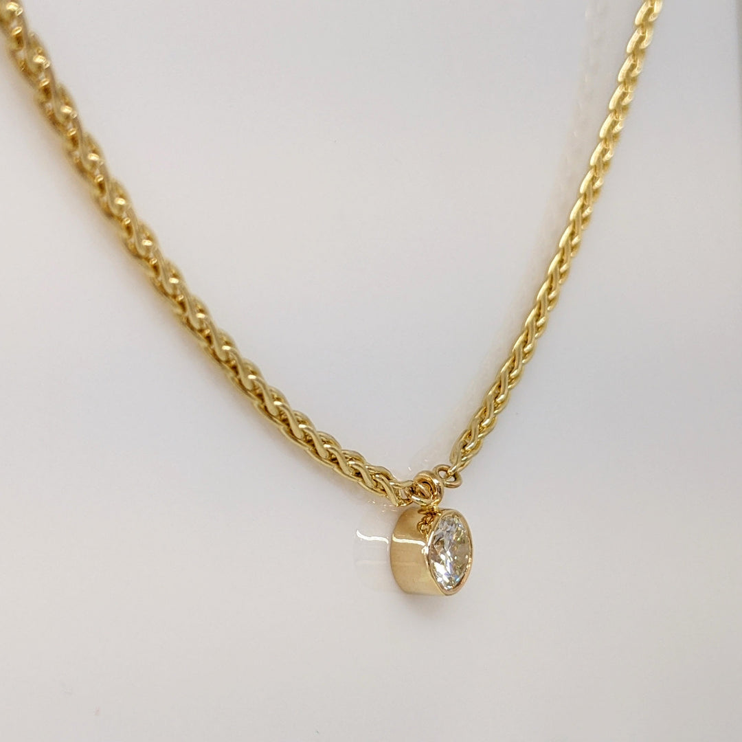 14K .95CT SI2 J DIAMOND ROUND BEZEL ESTATE PENDANT & CHAIN 13.4 GRAMS