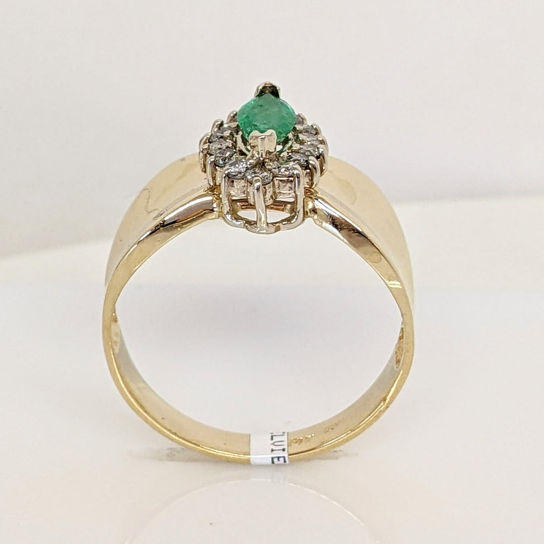 14K EMERALD MARQUISE 3.5X7 WITH .21 DIAMOND TOTAL WEIGHT ESTATE RING 3.4 GRAMS