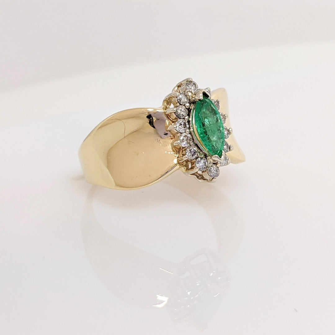 14K EMERALD MARQUISE 3.5X7 WITH .21 DIAMOND TOTAL WEIGHT ESTATE RING 3.4 GRAMS