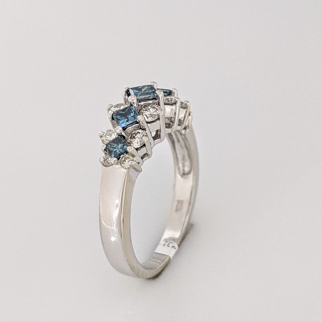 14KW 1.44CTW SI2 J DIAMOND ROUND (12) BLUE PRINCESS CUT (5) ESTATE DIAMOND RING 5.8 GRAMS