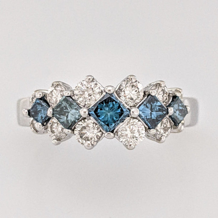 14KW 1.44CTW SI2 J DIAMOND ROUND (12) BLUE PRINCESS CUT (5) ESTATE DIAMOND RING 5.8 GRAMS