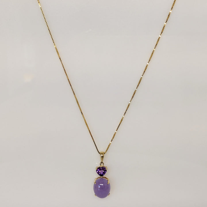 14K PURPLE JADE OVAL 10X12 WITH AMETHYST HEART 6MM ESTATE PENDANT & CHAIN 4.1 GRAMS