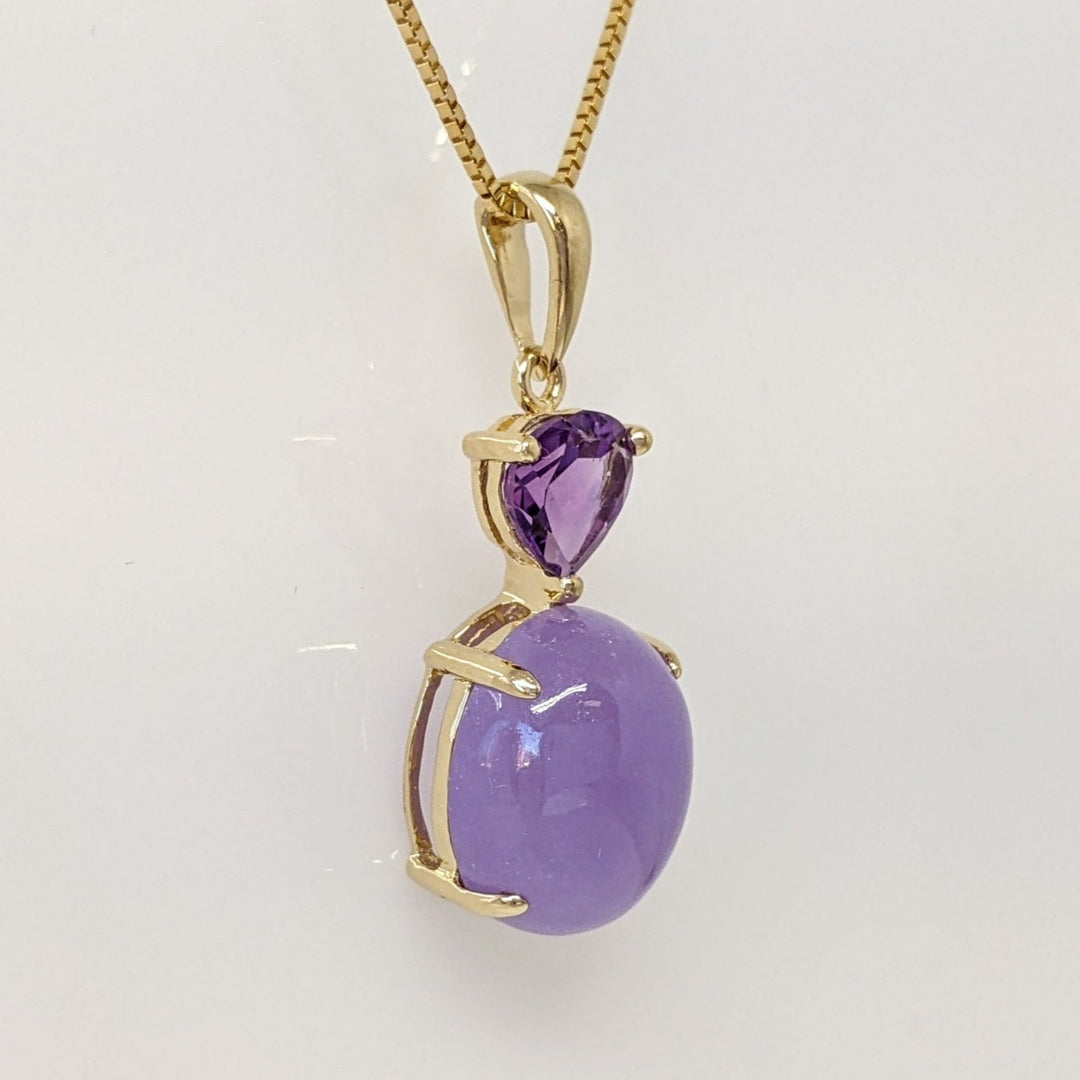 14K PURPLE JADE OVAL 10X12 WITH AMETHYST HEART 6MM ESTATE PENDANT & CHAIN 4.1 GRAMS