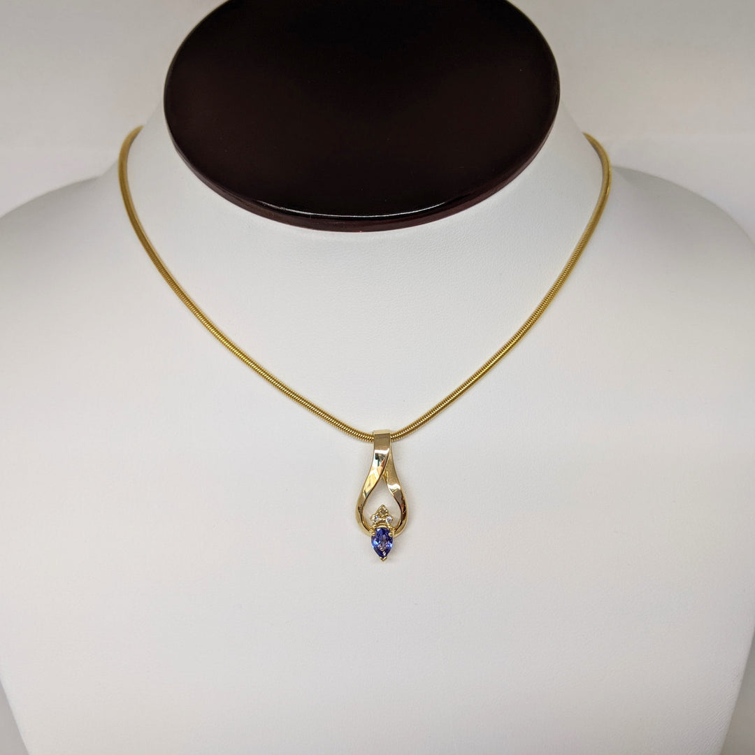 14K TANZANITE PEAR 4X6 WITH (3) MELEE ESTATE PENDANT & CHAIN 15.4 GRAMS