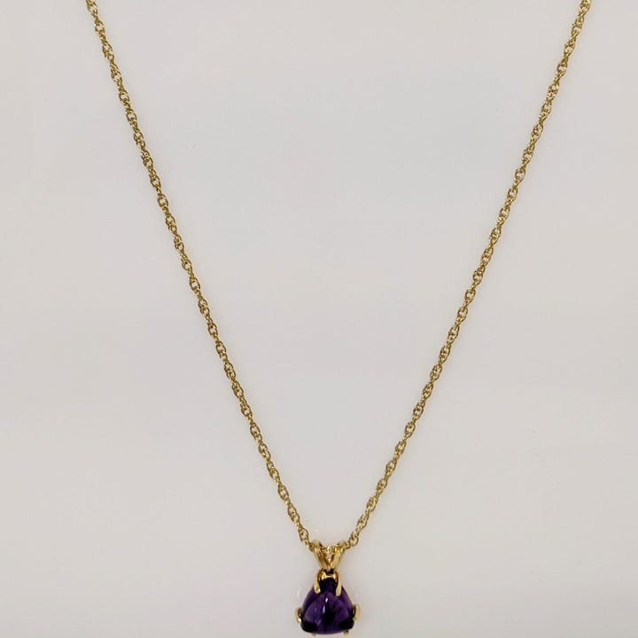 14K AMETHYST CABOCHON TRILLION CUT 8MM ESTATE PENDANT & CHAIN 3.6 GRAMS