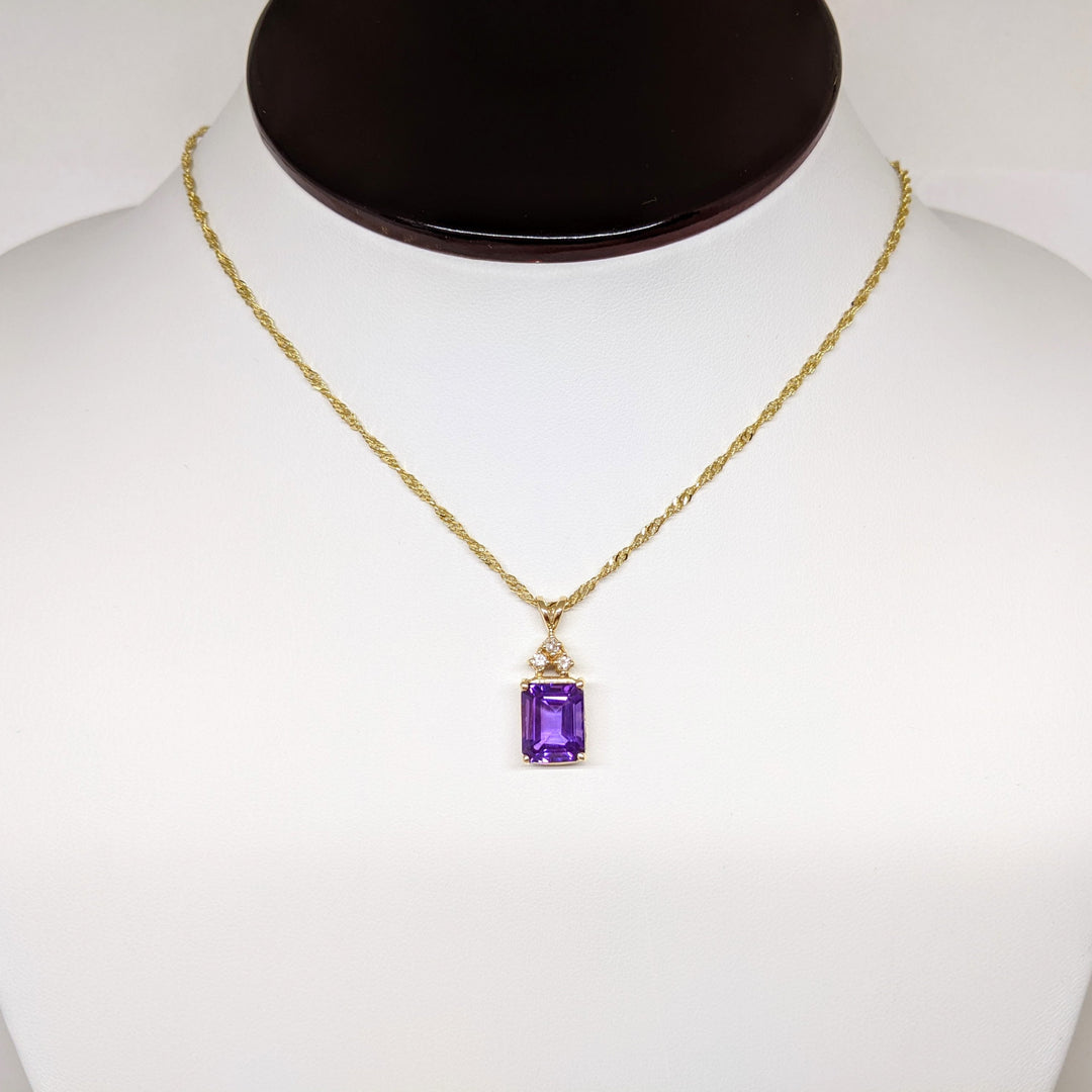 14K AMETHYST EMERALD CUT 8X10 WITH (3) MELEE ESTATE PENDANT & CHAIN 4.3 GRAMS