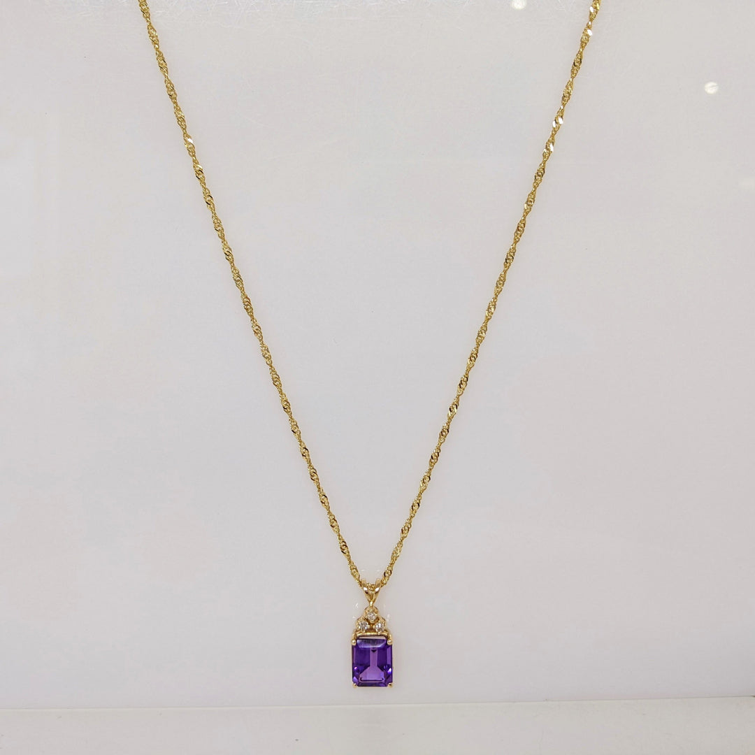 14K AMETHYST EMERALD CUT 8X10 WITH (3) MELEE ESTATE PENDANT & CHAIN 4.3 GRAMS