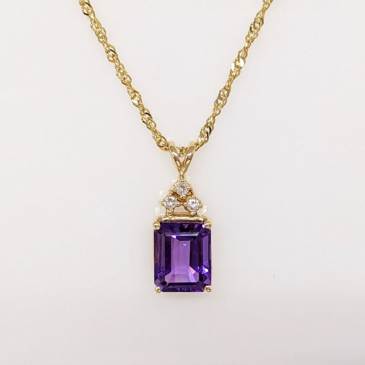 14K AMETHYST EMERALD CUT 8X10 WITH (3) MELEE ESTATE PENDANT & CHAIN 4.3 GRAMS