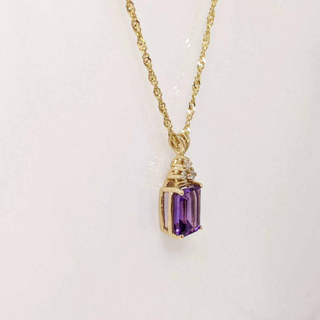 14K AMETHYST EMERALD CUT 8X10 WITH (3) MELEE ESTATE PENDANT & CHAIN 4.3 GRAMS