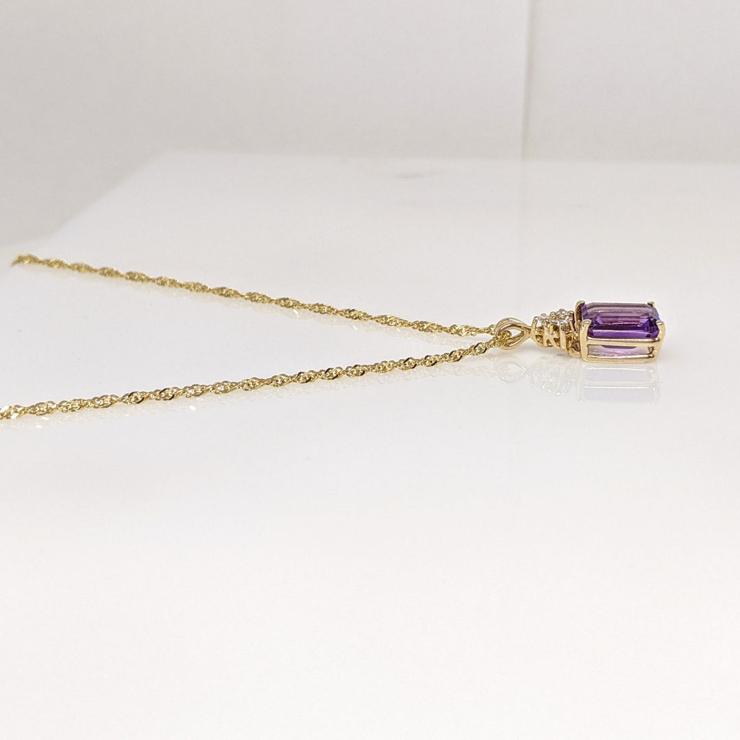 14K AMETHYST EMERALD CUT 8X10 WITH (3) MELEE ESTATE PENDANT & CHAIN 4.3 GRAMS