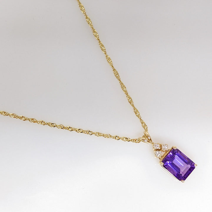 14K AMETHYST EMERALD CUT 8X10 WITH (3) MELEE ESTATE PENDANT & CHAIN 4.3 GRAMS