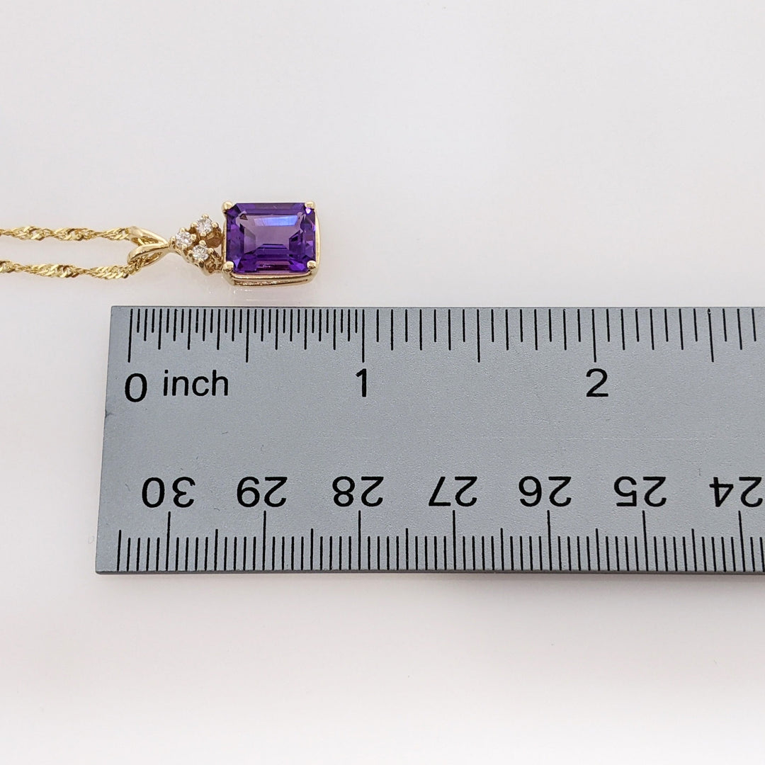 14K AMETHYST EMERALD CUT 8X10 WITH (3) MELEE ESTATE PENDANT & CHAIN 4.3 GRAMS