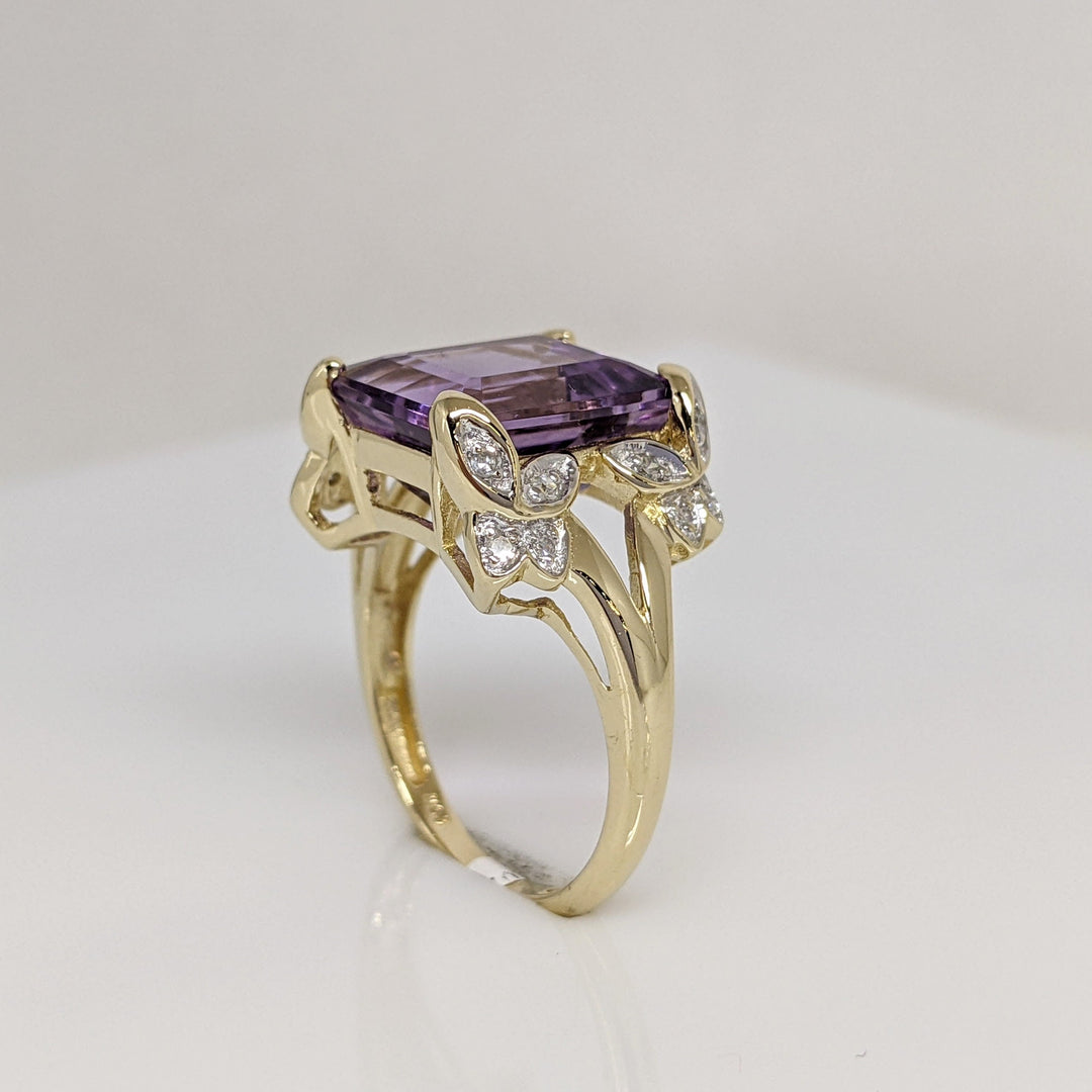 14K AMETHYST EMERALD CUT 10X12 WITH (12) MELEE ESTATE RING 4.8 GRAMS