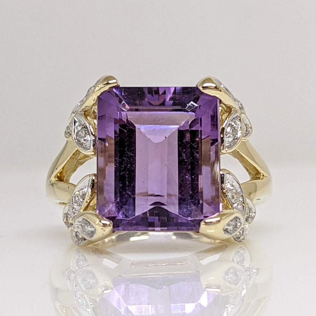 14K AMETHYST EMERALD CUT 10X12 WITH (12) MELEE ESTATE RING 4.8 GRAMS