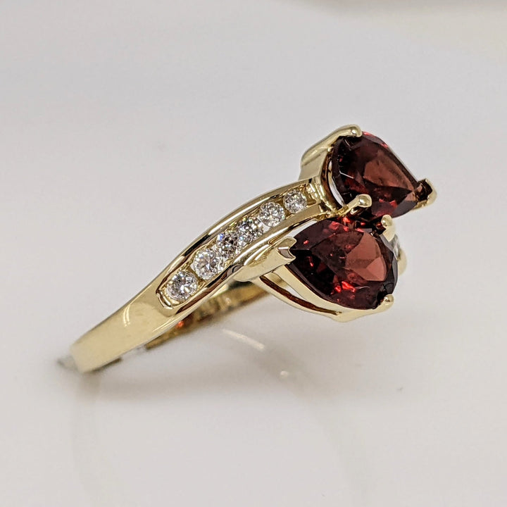 14K GARNET PEAR 5X7 (2) WITH (12) MELEE ESTATE BYPASS RING 2.8 GRAMS