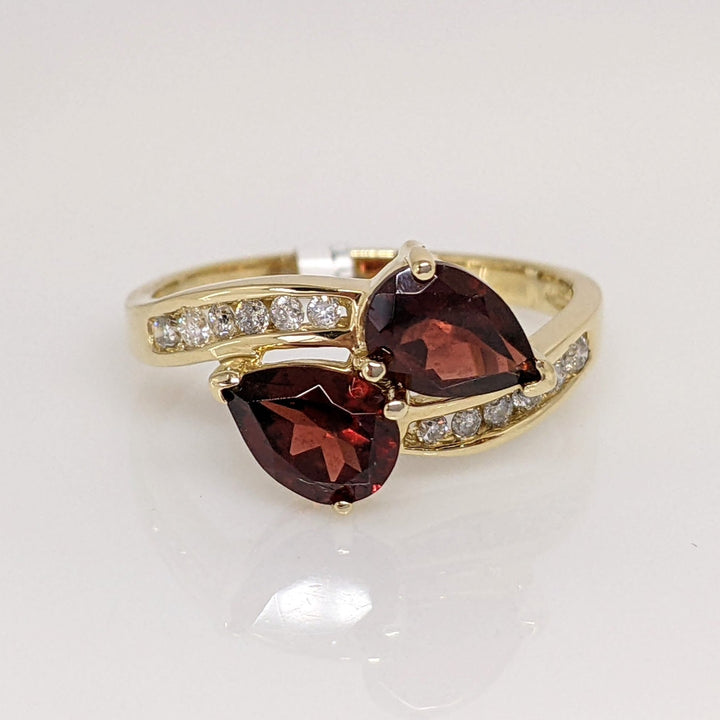 14K GARNET PEAR 5X7 (2) WITH (12) MELEE ESTATE BYPASS RING 2.8 GRAMS