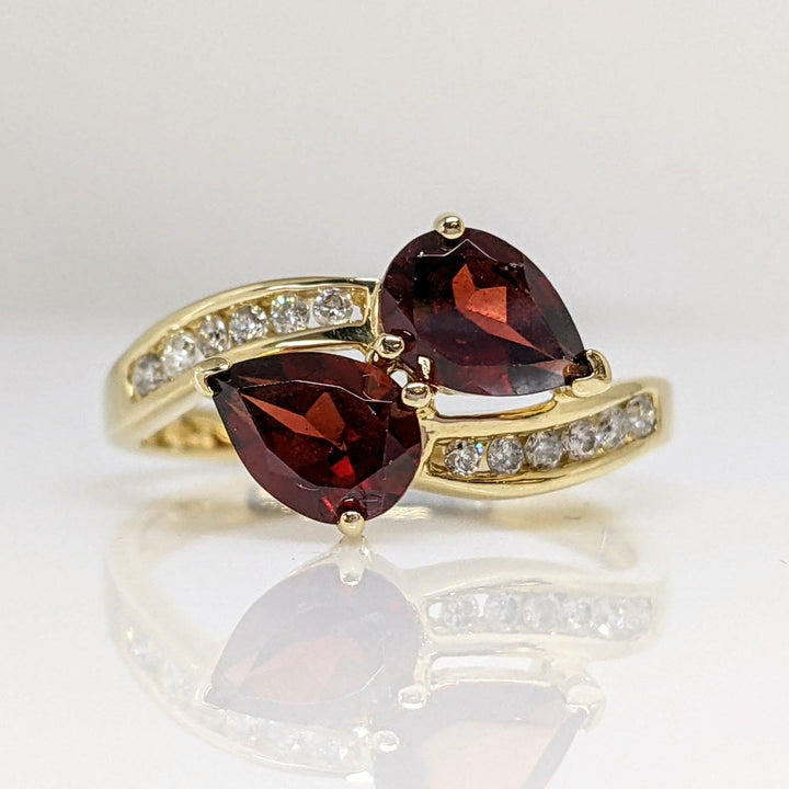 14K GARNET PEAR 5X7 (2) WITH (12) MELEE ESTATE BYPASS RING 2.8 GRAMS