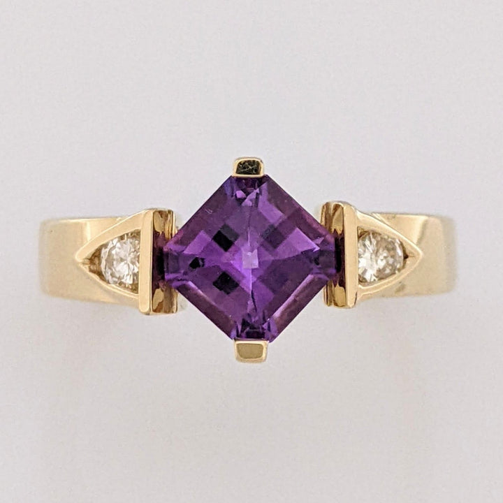 14K AMETHYST PRINCESS CUT 6MM CHECKERBOARD WITH .12 DTW ESTATE RING 4.3 GRAMS