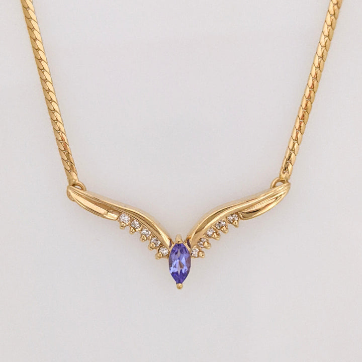 14K TANZANITE MARQUISE 3X6 WITH (10) MELEE ESTATE NECKLACE 5.2 GRAMS