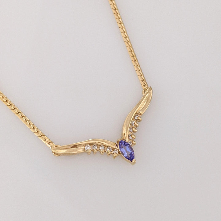 14K TANZANITE MARQUISE 3X6 WITH (10) MELEE ESTATE NECKLACE 5.2 GRAMS