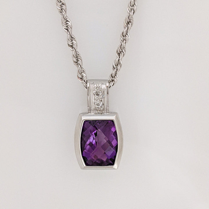 14K WHITE AMETHYST EMERALD CUT 8X10 BEZEL WITH (2) MELEE ESTATE PENDANT & CHAIN 8.3 GRAMS