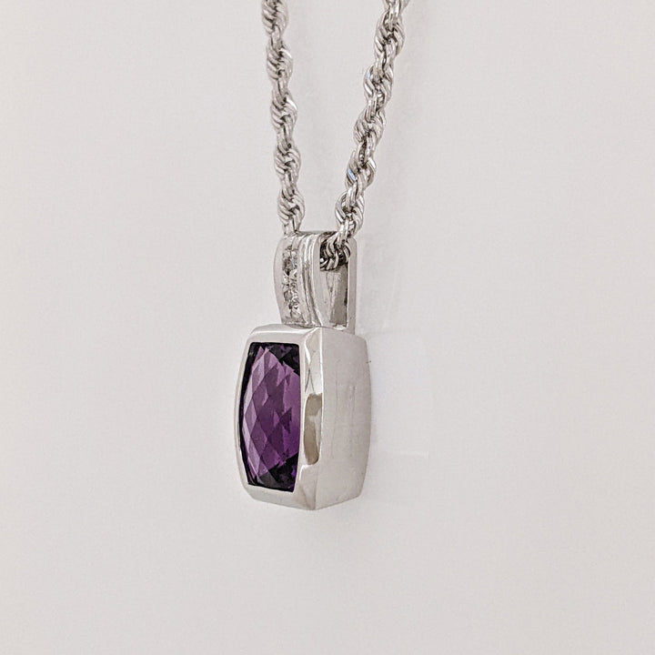 14K WHITE AMETHYST EMERALD CUT 8X10 BEZEL WITH (2) MELEE ESTATE PENDANT & CHAIN 8.3 GRAMS