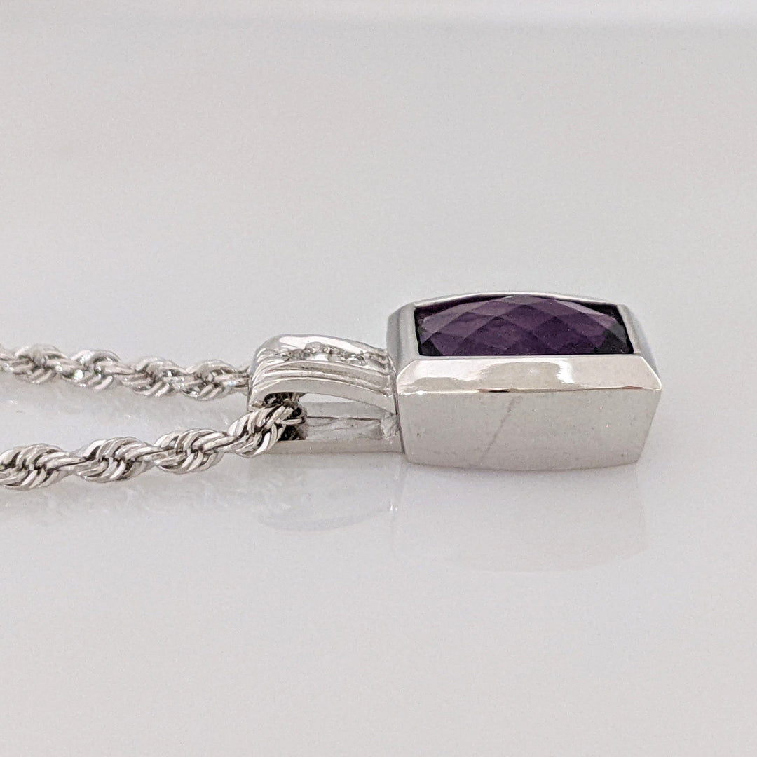 14K WHITE AMETHYST EMERALD CUT 8X10 BEZEL WITH (2) MELEE ESTATE PENDANT & CHAIN 8.3 GRAMS