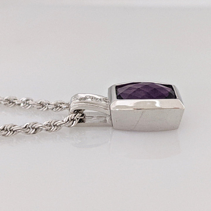 14K WHITE AMETHYST EMERALD CUT 8X10 BEZEL WITH (2) MELEE ESTATE PENDANT & CHAIN 8.3 GRAMS