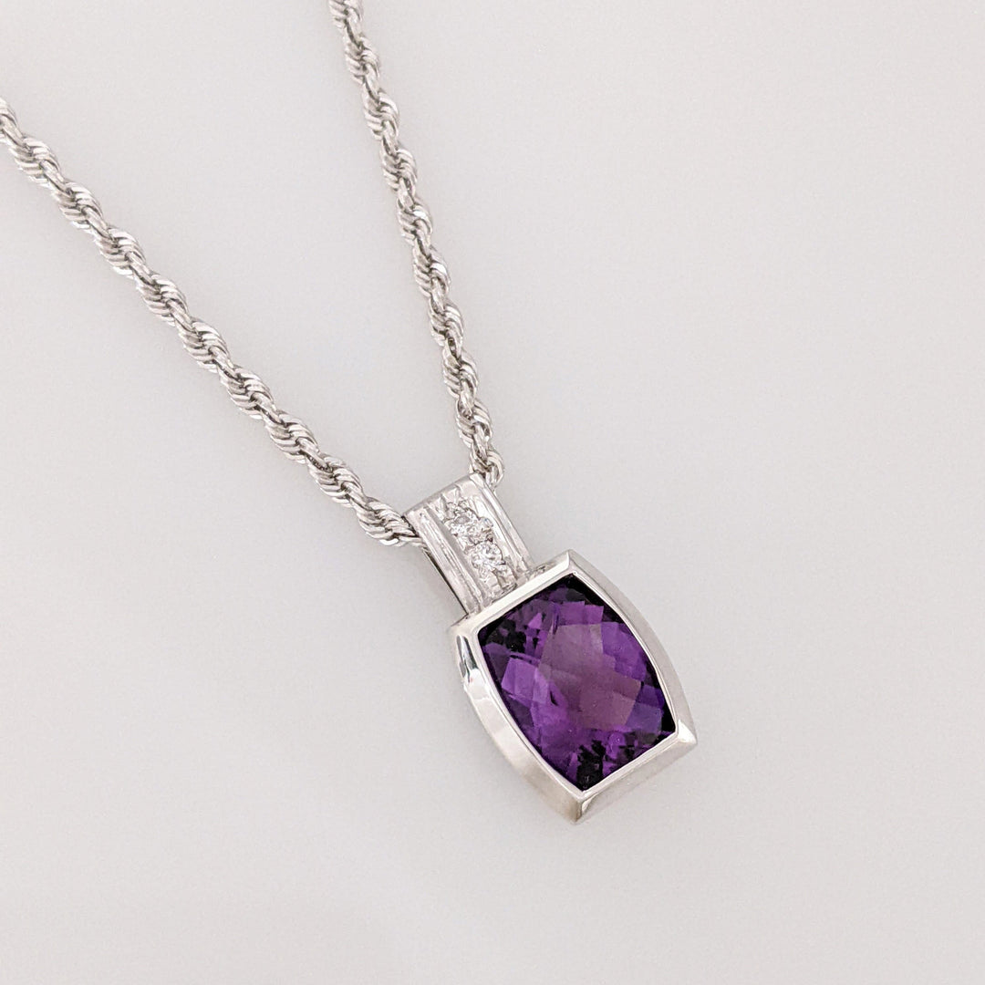 14K WHITE AMETHYST EMERALD CUT 8X10 BEZEL WITH (2) MELEE ESTATE PENDANT & CHAIN 8.3 GRAMS