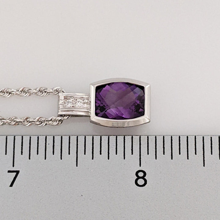 14K WHITE AMETHYST EMERALD CUT 8X10 BEZEL WITH (2) MELEE ESTATE PENDANT & CHAIN 8.3 GRAMS