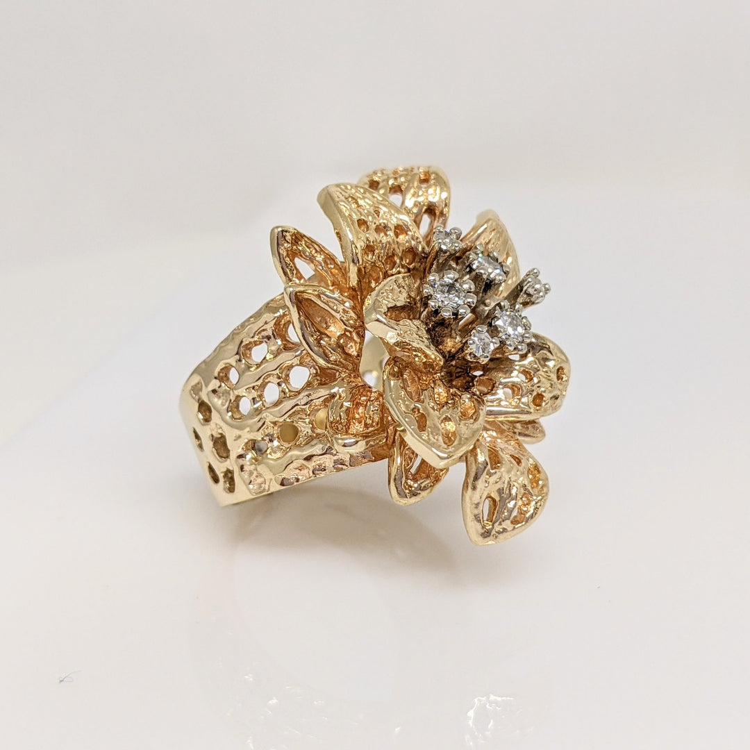 14K .30CTW SI1 H DIAMOND ROUND (6) LARGE FLORAL ESTATE RING 18.4 GRAMS