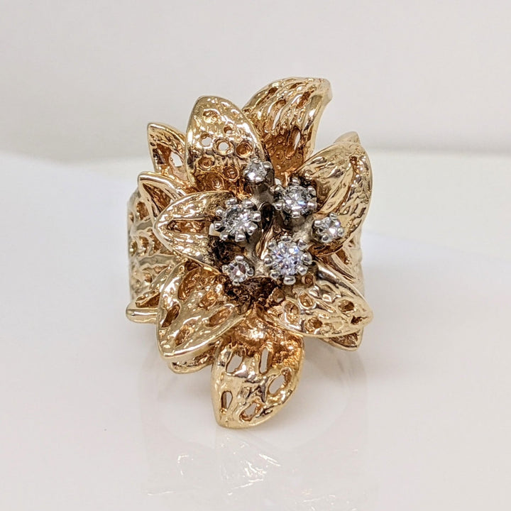 14K .30CTW SI1 H DIAMOND ROUND (6) LARGE FLORAL ESTATE RING 18.4 GRAMS