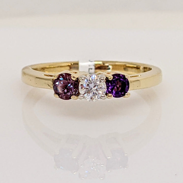 14K .16CT SI1 G DIAMOND ROUND WITH (1) AMETHYST (1) ALEXANDRITE 3.4MM ROUND ESTATE RING  2.8 GRAMS