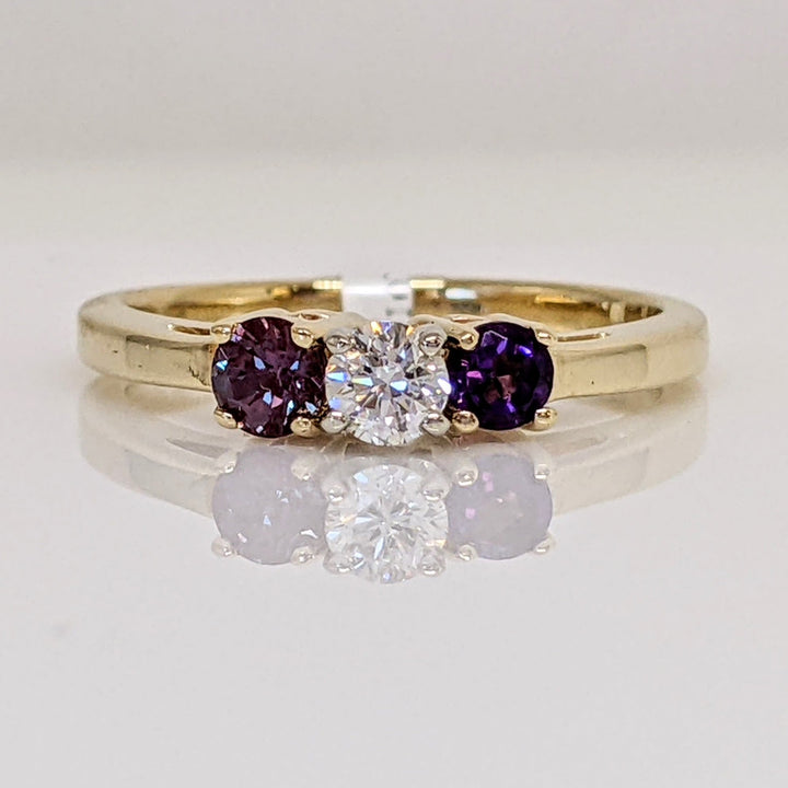 14K .16CT SI1 G DIAMOND ROUND WITH (1) AMETHYST (1) ALEXANDRITE 3.4MM ROUND ESTATE RING  2.8 GRAMS