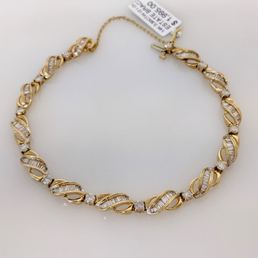 14K 3.90CTW I2 I DIAMOND ROUND (13) BAGUETTE (130) ESTATE BRACELET 12.4 GRAMS