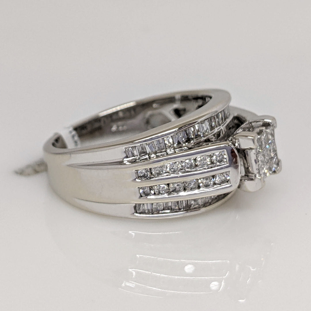 14K WHITE .87CTW I1 G DIAMOND PRINCESS CUT (9) ROUND (24) BAGUETTE (48) ESTATE RING 5.5 GRAMS