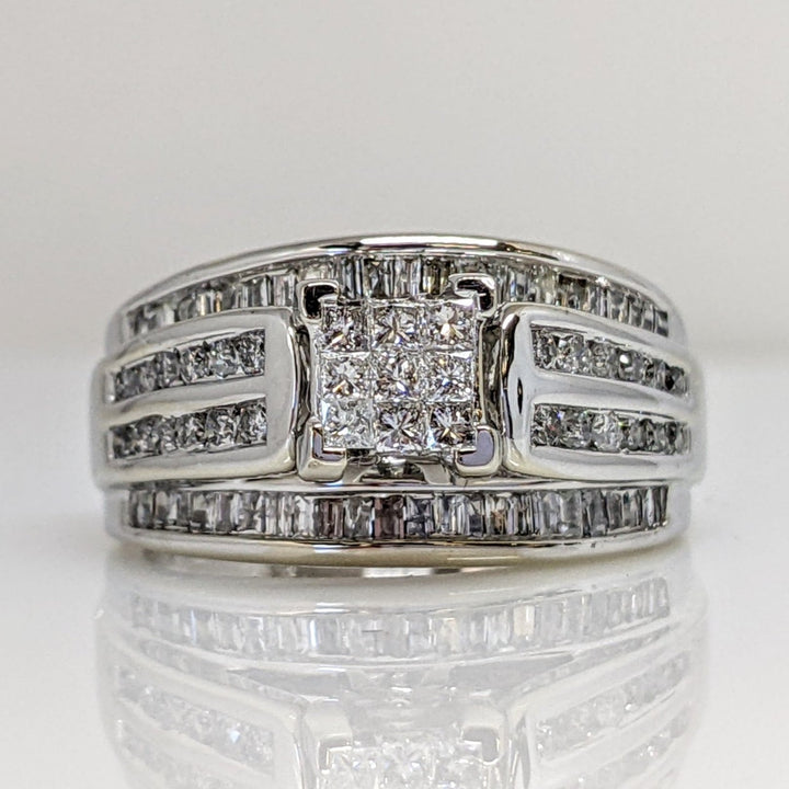 14K WHITE .87CTW I1 G DIAMOND PRINCESS CUT (9) ROUND (24) BAGUETTE (48) ESTATE RING 5.5 GRAMS