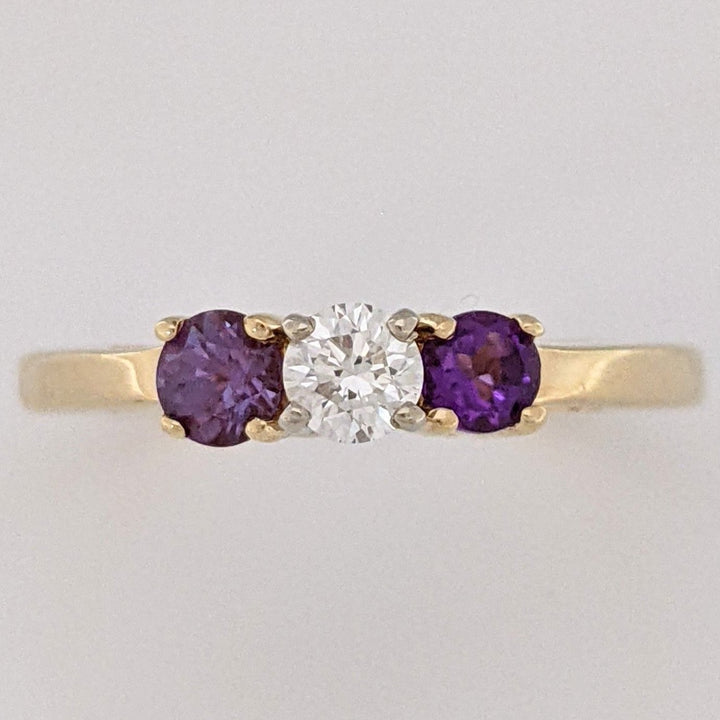 14K .16CT SI1 G DIAMOND ROUND WITH (1) AMETHYST (1) ALEXANDRITE 3.4MM ROUND ESTATE RING  2.8 GRAMS