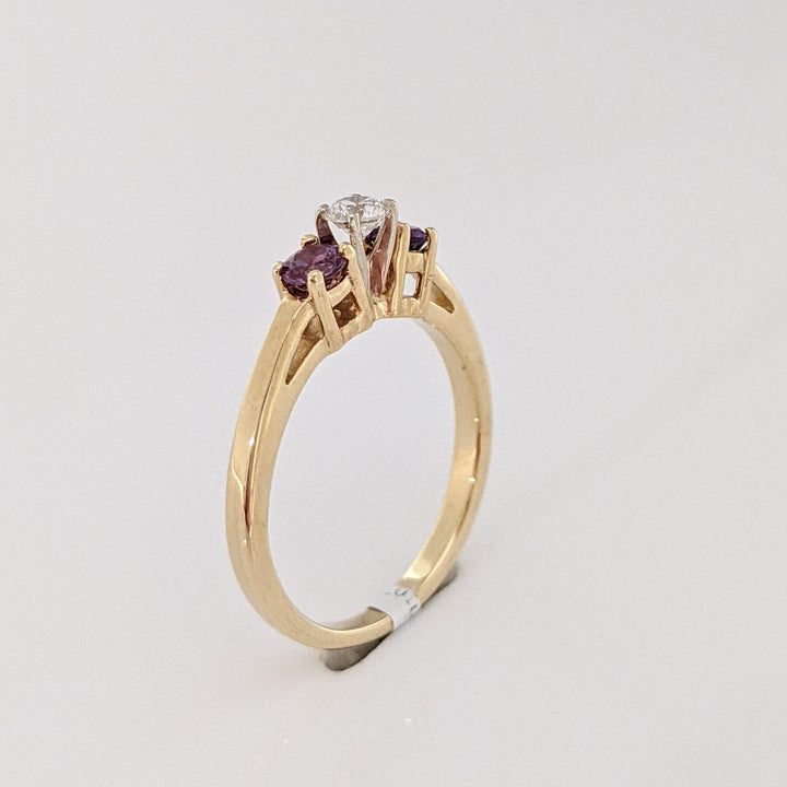 14K .16CT SI1 G DIAMOND ROUND WITH (1) AMETHYST (1) ALEXANDRITE 3.4MM ROUND ESTATE RING  2.8 GRAMS